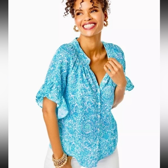 $118 Lilly Pulitzer Tayla Short Sleeve Linen Top Took Me By Sunrise XXSMALL - Picture 2 of 6